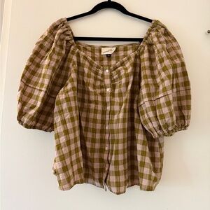 Plaid Puff Sleeve Top - Green and Pink